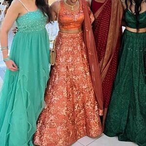 Rust orange and salmon pink heavy lehenga